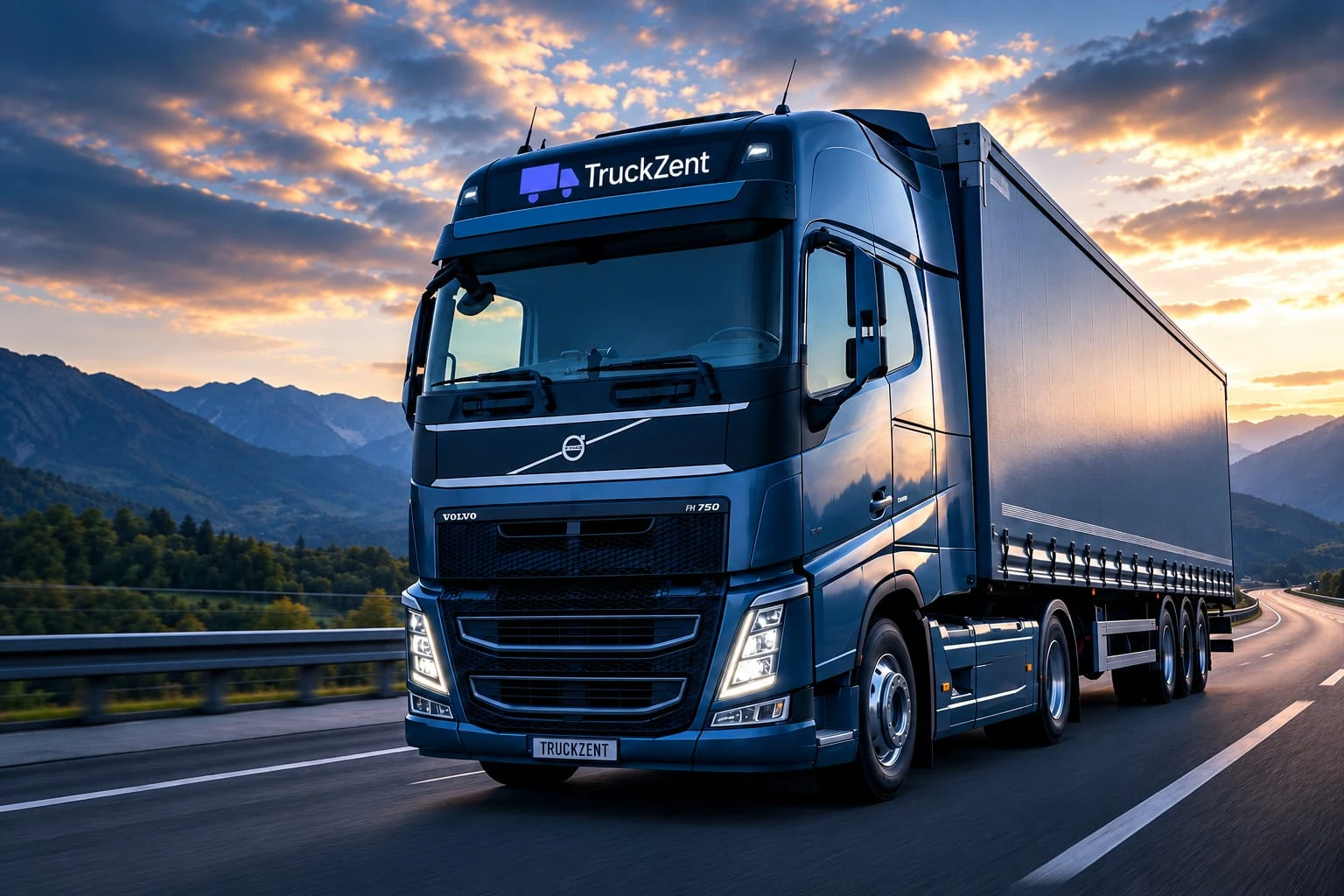 A TruckZent-branded truck and trailer on a mountain highway at sunset